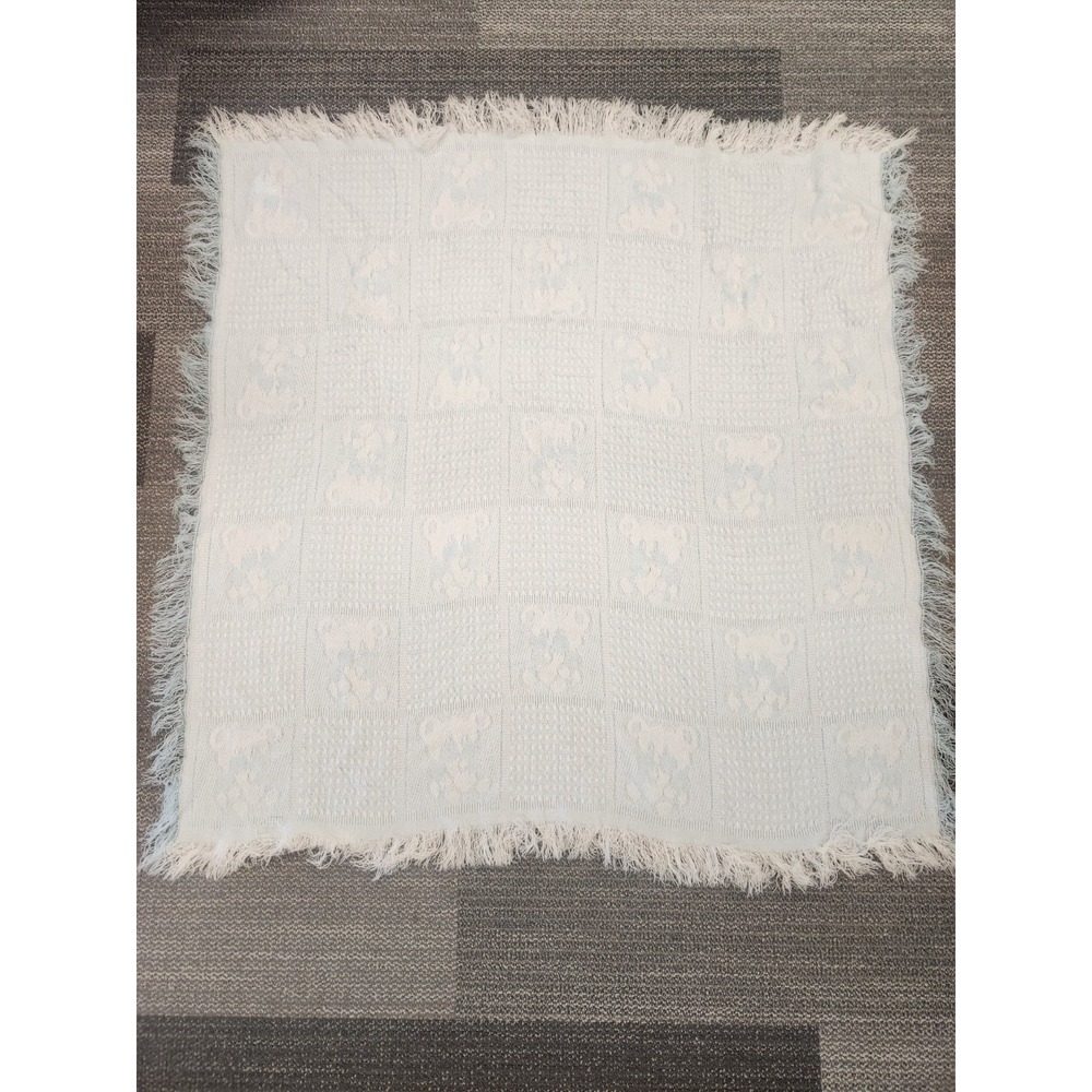 Bebe by Cradlecraft Vintage Blue Baby Blanket Teddy Bears 45x45 Fringe Border